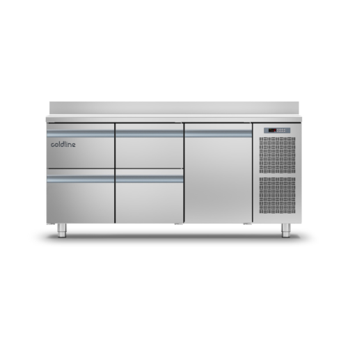 Coldline TA17/1ME-710 Smart hűtött munkaasztal, 4 fiókos és 1 ajtós kivitel, hátsó felhajtással, -2 +8 °C