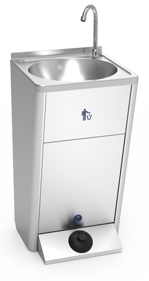 Kézmosó, lábon álló kivitel beépített szemetessel, mobil