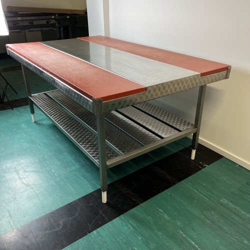 Rozsdamentes acél, húsipari töltőasztal, bontóasztal 2000x1200 mm (Használt)